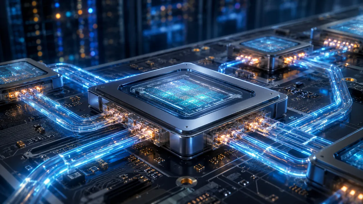 Close-up of advanced computer chips connected by glowing blue optical data links on a futuristic circuit board.