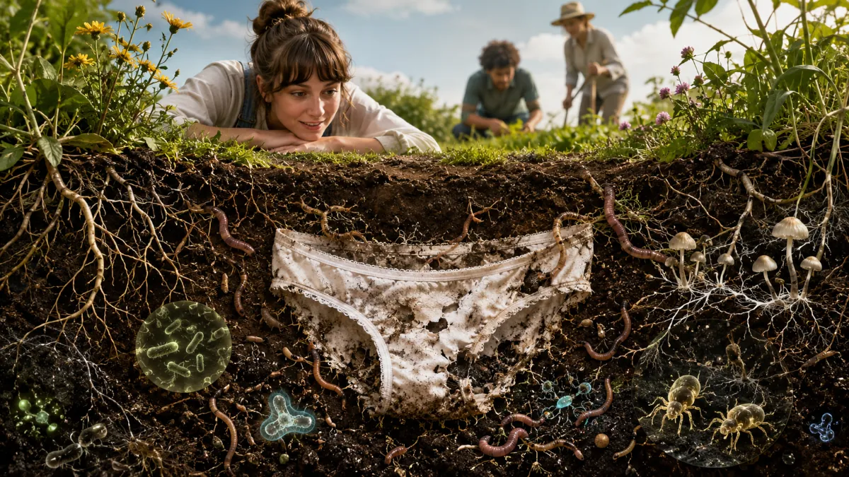 Cross-section of garden soil showing buried cotton underwear decomposing among roots, earthworms, fungi and microorganisms.