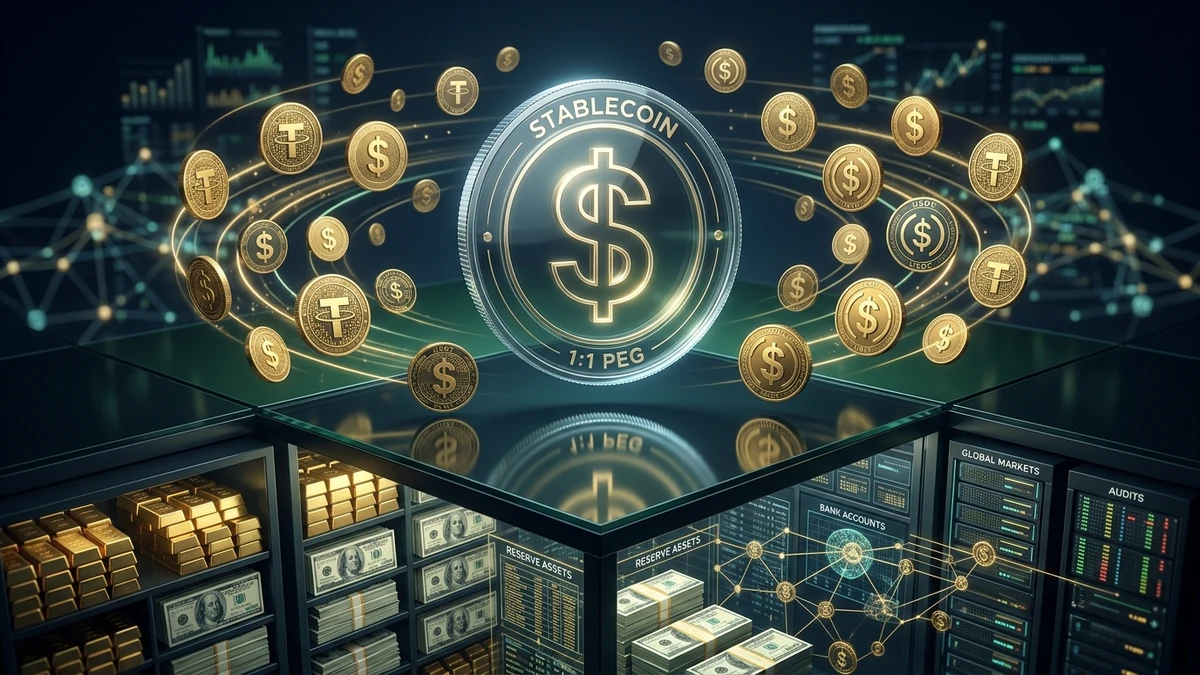 Conceptual illustration of stablecoin shadow banking showing a floating digital dollar token above an underground vault of US Treasury bonds.