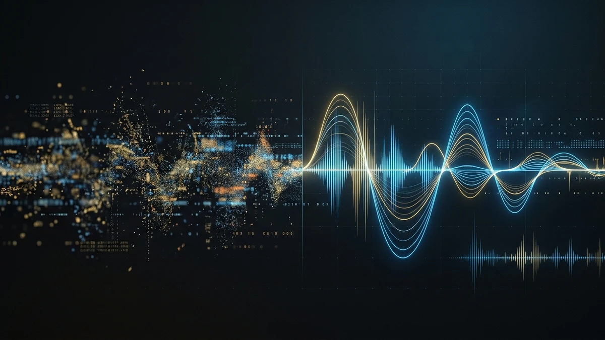 A digital soundwave transitioning from chaotic, blurry noise particles on the left into clear, luminous blue and gold harmonic curves on the right.
