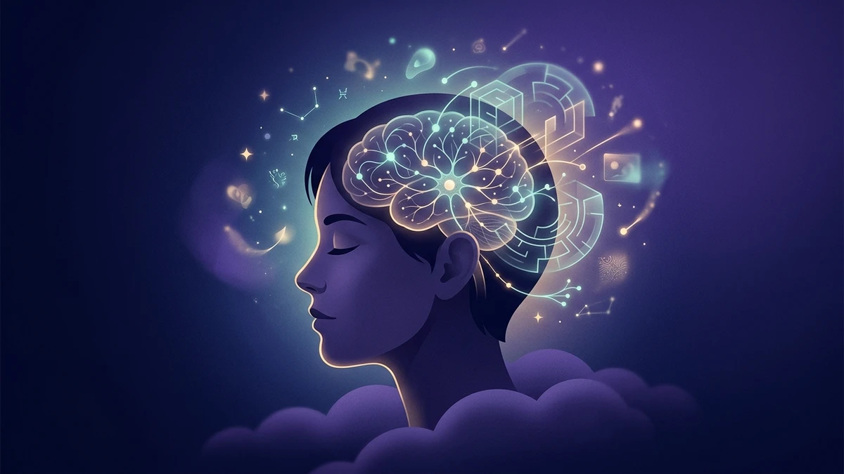 Abstract conceptual illustration of a sleeping silhouette surrounded by glowing geometric maze fragments and luminescent neural wave patterns, symbolizing memory processing and dream consciousness.