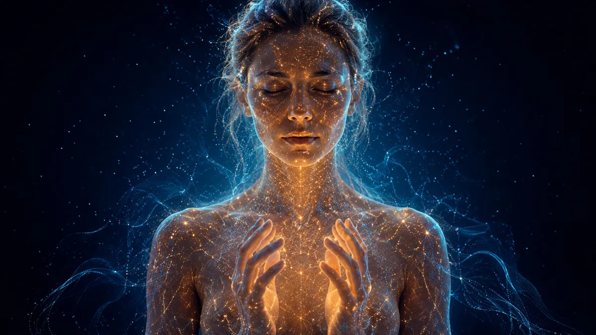 A human figure glowing with tiny gold and blue particles, as a display of ultra-weak photon emission from the body.